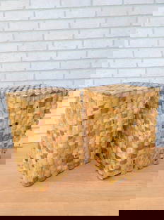 Vintage Modern Recycled Teak Wood Tower Side Tables - Pair: Vintage from the 1990s Materials: TEAK, WOOD Vintage Rustic Recycled Teak Wood Tower Side Tables - Set of 2 Gorgeous Stacked Teak Side Tables, one of a kind and 100% environmentally friendly. Fashione