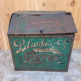 Antique C.F. Blanke Tea and Coffee Company Exposition Brand Green Tin Coffee Bin