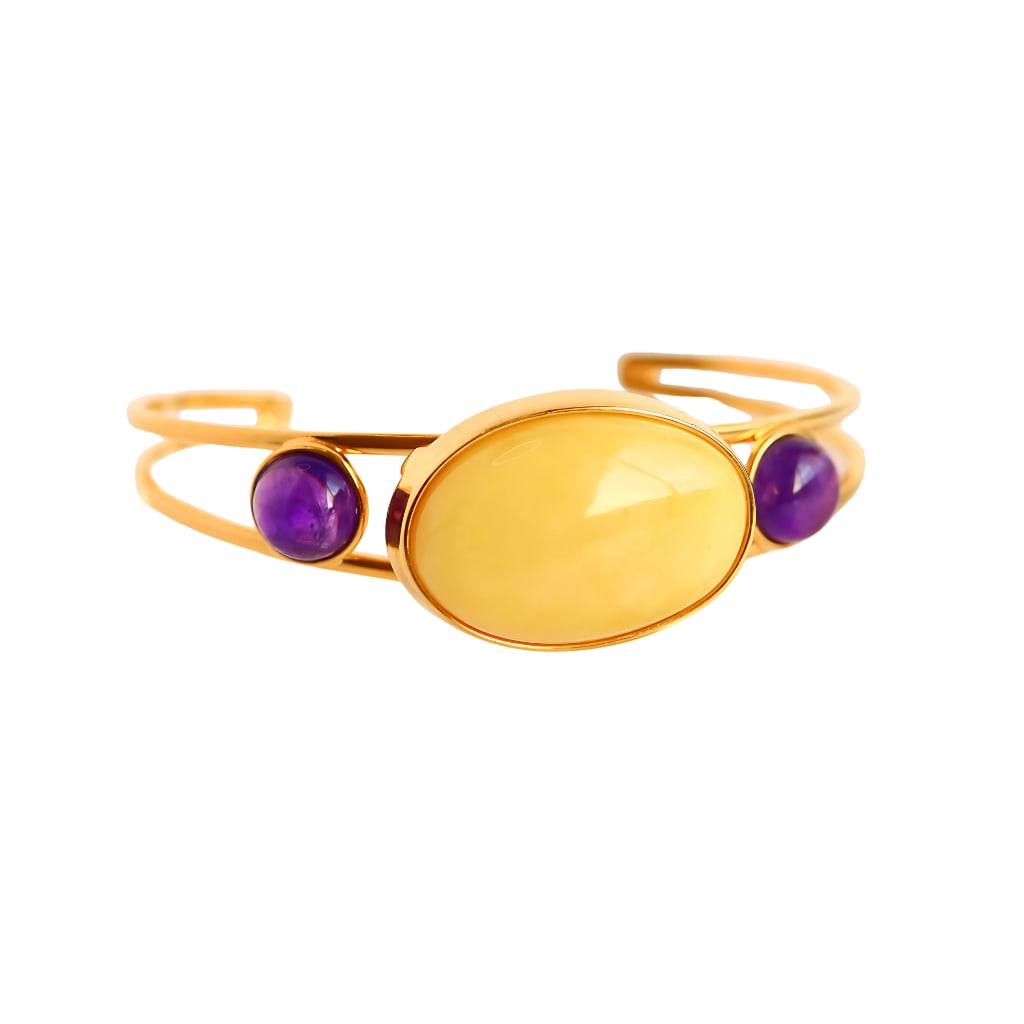 Natural Baltic Butterscotch Amber and Amethyst 14k Gold Plated Cuff Bracelet (1 of 7)