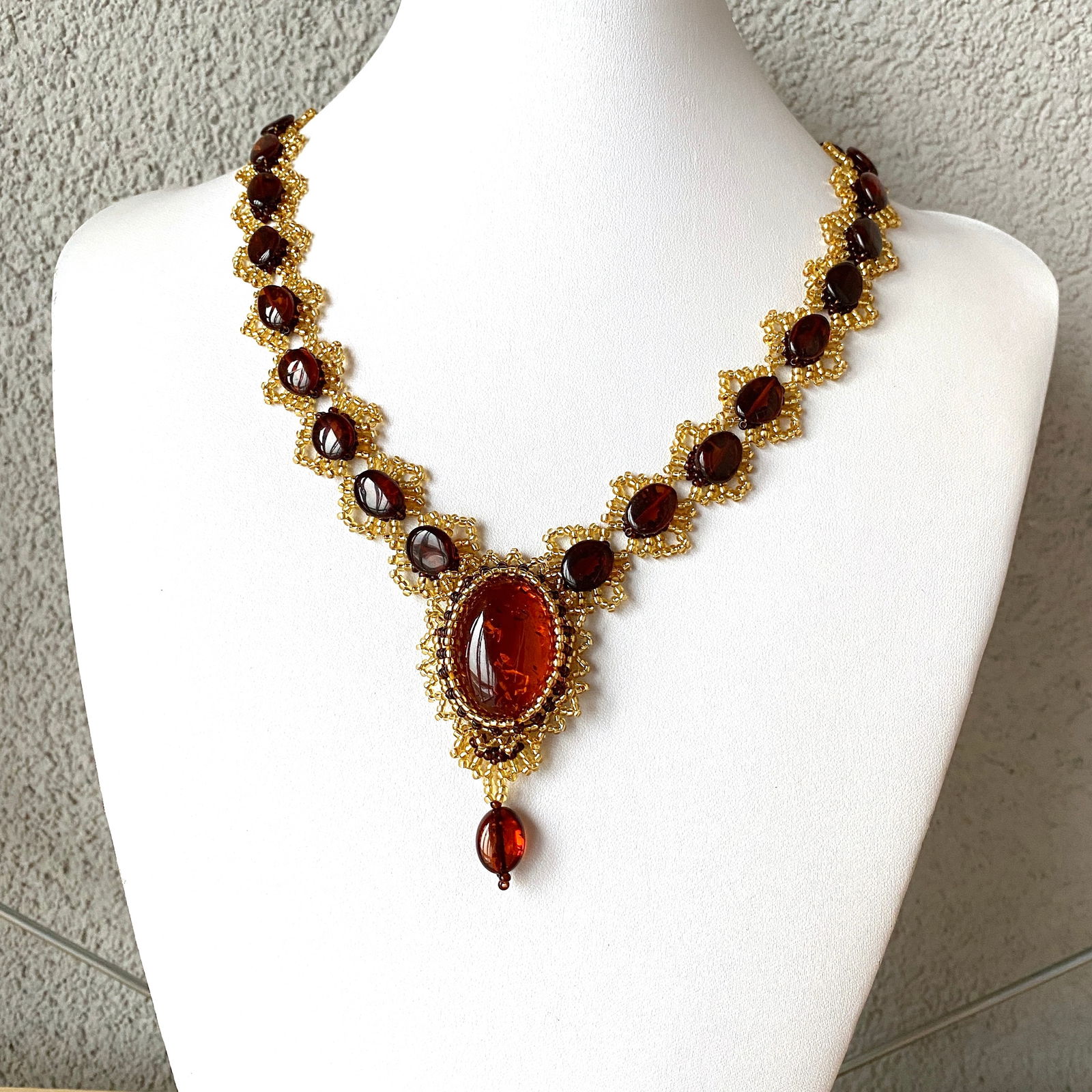 Staggering Vintage Amber Floral Necklace made from leaf like bead ornaments (1 of 8)