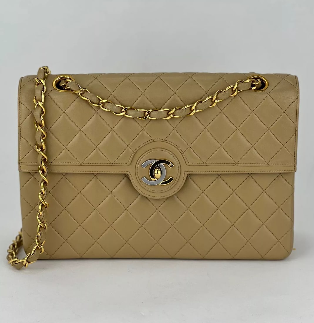 CHANEL Bag Quilted CC Single Flap Chain Shoulder Bag Beige Lambskin (1 of 12)