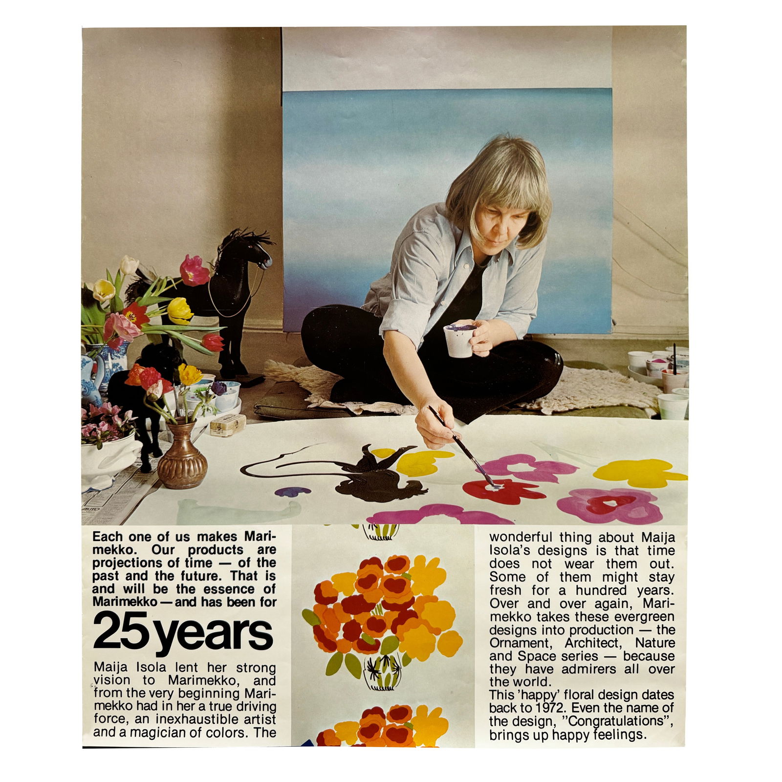 1970s 25th Anniversary Marimekko Poster with Maija Isola: As part of Marimekko's ongoing efforts to promote the brand worldwide, this piece is from a line of posters sent to distributors, press, and agents to celebrate the 25th anniversary of Marimekko in 19