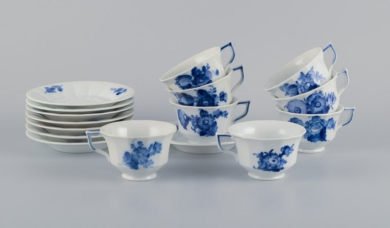 Royal Copenhagen Blue Flower Angular. A set of eight coffee cups with saucers.: Royal Copenhagen Blue Flower Angular. A set of eight coffee cups with saucers. Model 10/8608. Dating for cups: Approx. 1950s. Dating for saucers: 1937-1991. First factory quality. One cup is second fa