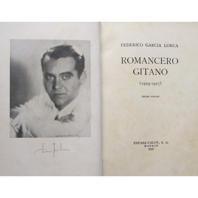 Romancero Gitano [1924-1927]: DescriptionTenth edition. Quarter leather over maroon cloth. Gilt title and raised bands to spine. Decorative endpapers. Decoratively cut page-blocks. Ephemera loose on inside. Frontispiece portrait p