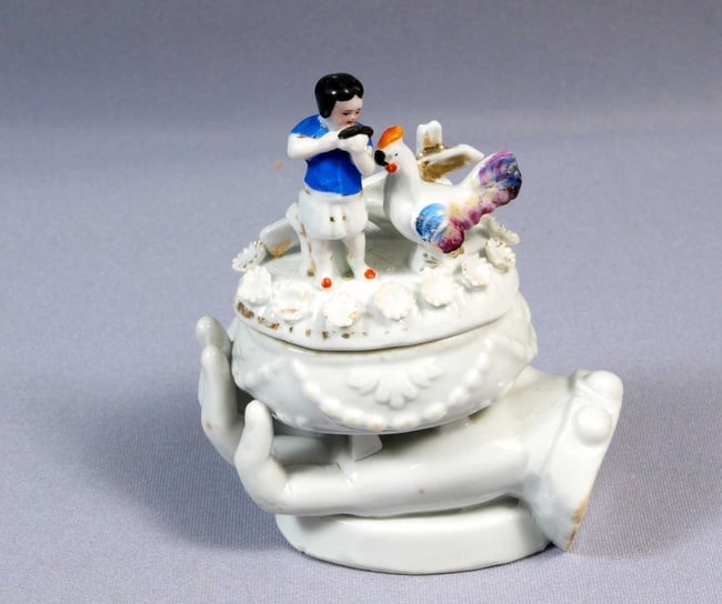 Staffordshire Victorian Fairing Trinket Box Boy Bird Hand Cabinet Antique (1 of 1)