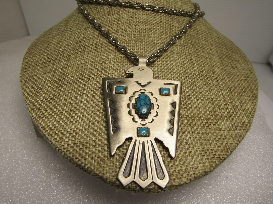 Vintage Bell Trading Thunderbird Necklace, 28", 1960's-1970's: Vintage Bell Trading Thunderbird Necklace, 28", 1960's-1970's. Southwestern. This is signed with the Bell Rading maker's mark with Nickel Silver over the Bell Mark and Bell under it. This is very clea