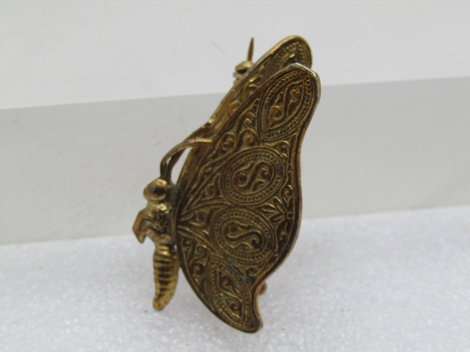 Vintage Damascene Butterfly Brooch, Spain, 1960's: Vintage Damascene Butterfly Brooch, Spain, 1960's. The brooch is with wings back in a 3-D pose and body in front of the wings. This is a more unusual design with the wings folded back as if in flight 