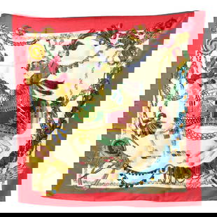 Hermes Carré 90 silk scarf: Très beau foulard Hermès. - Carré de soie 90 x 90 cm. - Motif cavalier. - En très bon état. - Signé HERMES PARIS. Very beautiful Hermes scarf. - Silk square 90 x 90 cm. -
