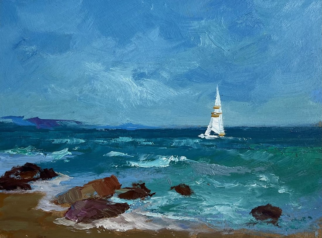 Oil painting A lonely sailboat at sea Yuriy Suprunchuk: №AAA4162 This oil painting titled "A Lonely Sailboat at Sea," portrays a serene and contemplative coastal scene featuring a solitary sailboat gliding across the vast ocean. The painting captures