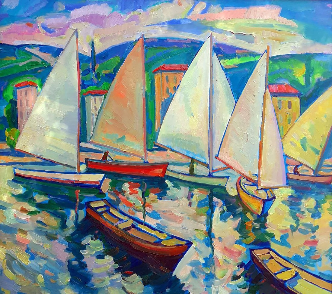 Oil painting Under sail Peter Tovpev: №Dobr 860 "Under Sail" is a vibrant and dynamic oil painting that captures the lively and colorful scene of sailboats gliding through the water in a picturesque coastal town. The composition is