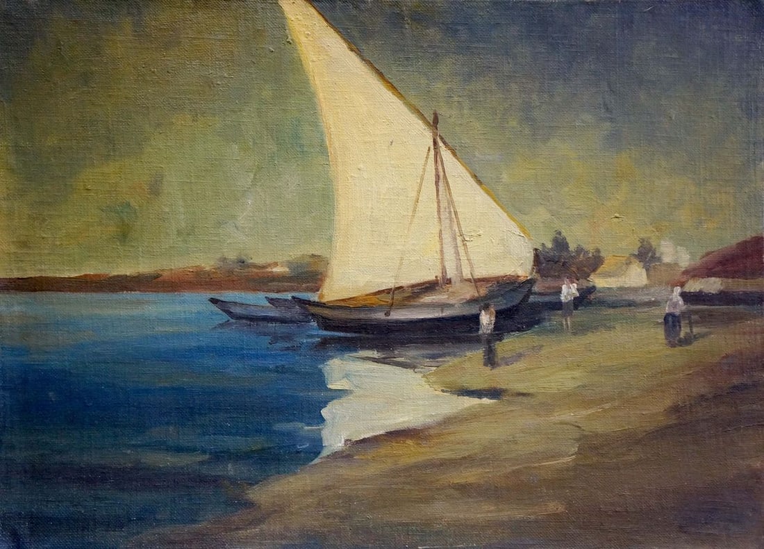 Oil painting Boats by the shore: №Verns 623 *** ABOUT THIS PAINTING *** * TITLE: "Boats by the shore" * ARTISTS: Unknown artist * SIZE: 50x68 cm/'19.68x26.77 inches' * MEDIUM: oil, canvas on cardboard * HAND PAINTED: Original p