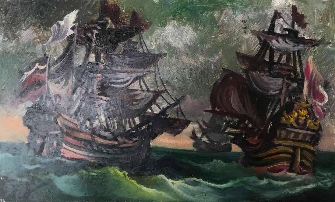 Oil painting Ships at sea Alexander Arkadievich Litvinov: №AAA2310 This oil painting depicts a raging sea, with stormy skies and medieval sailboats struggling against the waves. It's a dark and powerful image that evokes feelings of awe and respect. Th