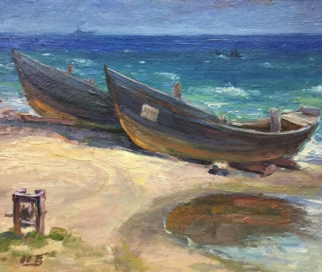 Oil painting Fishing boats Bozhenko Vasily Artemievich: №Vern 184 *** ABOUT THIS PAINTING *** * TITLE: "Fishing boats" * ARTISTS: Bozhenko Vasily Artemievich * SIZE: 48x58 cm/'18.89x22.83 inches' * MEDIUM: oil, cardboard * HAND PAINTED: Original pain