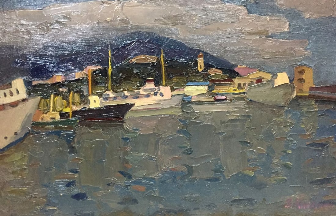 Oil painting Ship port Karelin Vyacheslav: №Vern 186 *** ABOUT THIS PAINTING *** * TITLE: "Ship port" * ARTISTS: Karelin Vyacheslav * SIZE: 39x60 cm/'15.35x23.62 inches' * MEDIUM: oil, cardboard * HAND PAINTED: Original painting from our