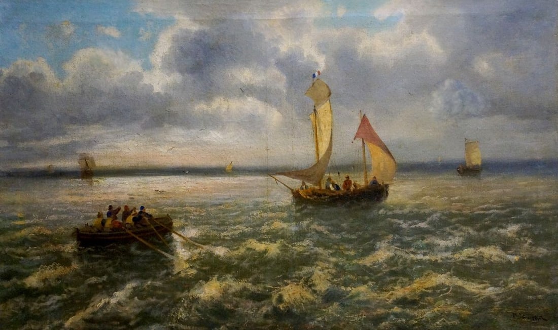 Oil painting Ship at sea: №Vern 597 *** ABOUT THIS PAINTING *** * TITLE: "Ship at sea" * ARTISTS: Unknown artist * SIZE: 50x82 cm/'19.68x32.28 inches' * MEDIUM: oil, canvas * HAND PAINTED: Original painting from our coll