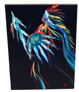 BILL RABBIT Giclee on Canvas Indian Warrior "Messenger" 9/50: BILL RABBIT (1946-2012). Giclee on Canvas, Indian Warrior. Artist's Title: Messenger, 24" x 18" giclee on canvas, signed lower right. Unframed. Inscribed on the back with number 9/50, title and signat