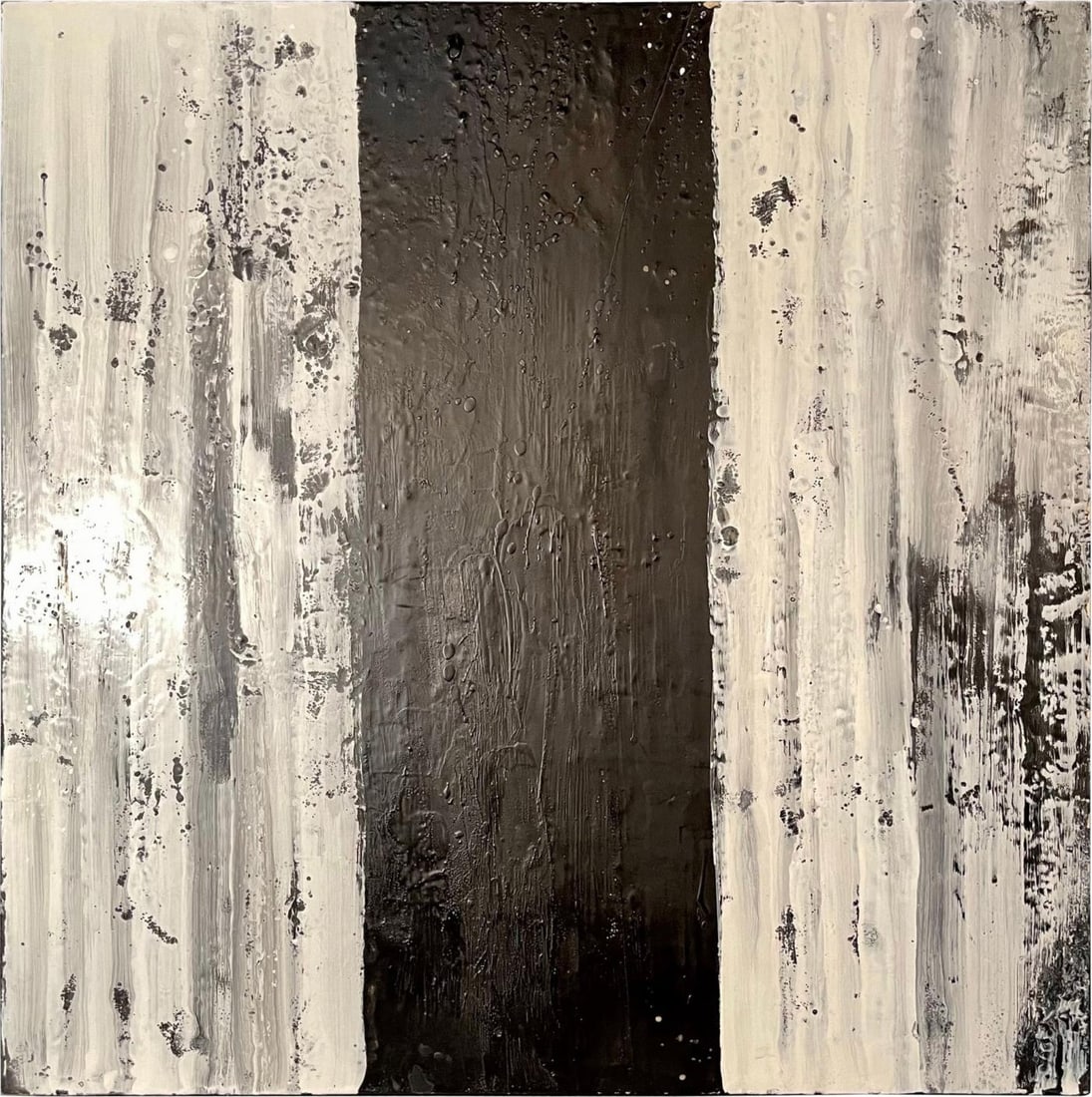 Lynn Basa Encaustic Black and White Stripe Panel "Three Ways of Looking Black": Title: Lynn Basa Encaustic Black and White Stripe Panel "Three Ways of Looking Black" Additional Information: Period: 1980-1999 Condition: Wear consistent with age and use. Creation Date: 1990s Styles