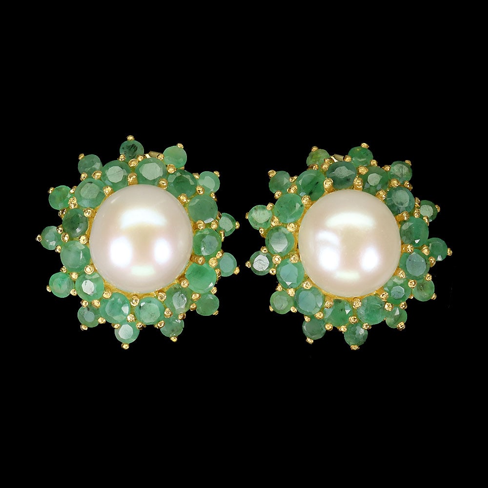 925 Sterling Silver Earrings Round Emerald Pearl Natural Gemstone (1 of 4)