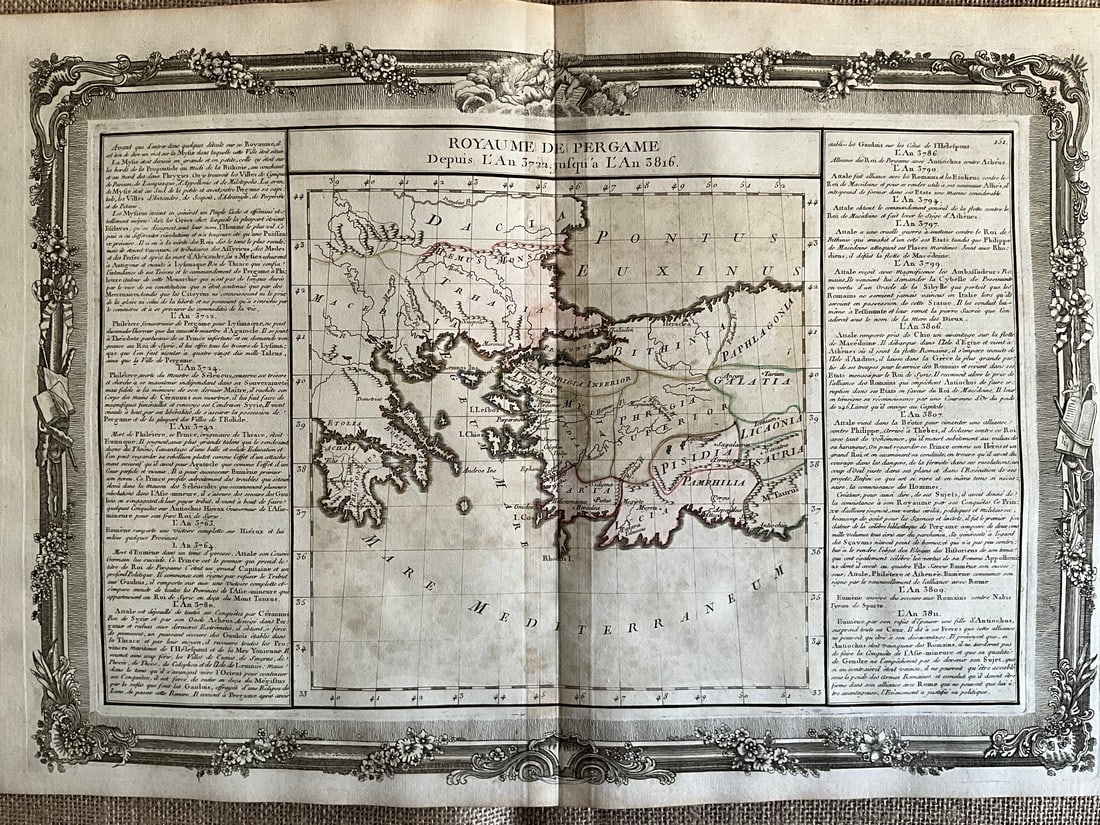 Rare 1762 Map of Ancient Asia Minor – Focus on the Kingdom of Pergamum by Claude Buy de Mornas: Title: Rare 1762 Map of Ancient Asia Minor – Focus on the Kingdom of Pergamum by Claude Buy de Mornas Date/Period: 1762 Materials: Hand colored, copperplate engraved Size: 21 3/4 x 15" This 1762