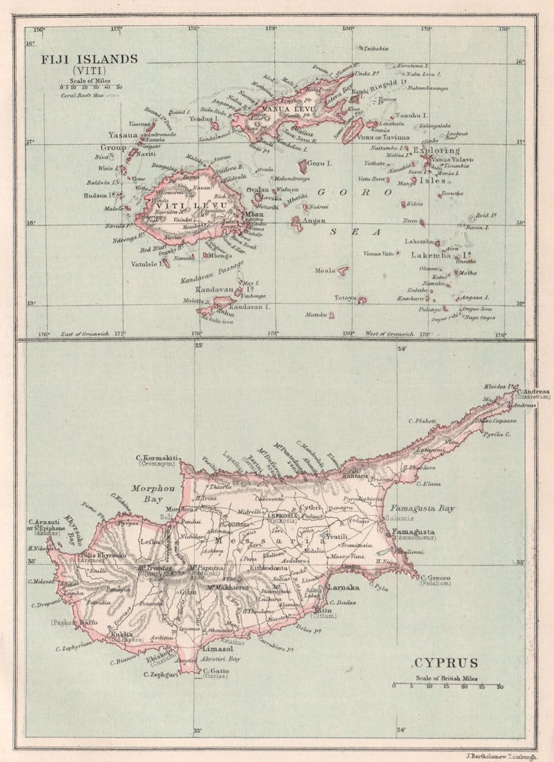 FIJI & CYPRUS. Viti Levu. Vanua Levu. Exploring Isles. BARTHOLOMEW 1886 map (1 of 1)