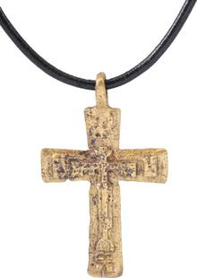 LARGE EASTERN EUROPEAN CROSS NECKLACE, 17TH-18TH CENTURY: 17th-18th century, Ukraine/Russia. Gilt bronze, just over 1 5/8" (1.63”) height plus the suspension loop. Elegant form with a raised cross-centered. The charges above. Reverse plain, with scribe