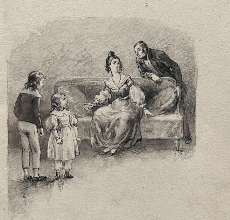 Antique Pencil Drawing 19th century Original Family, Children, Portrait (1 of 7)