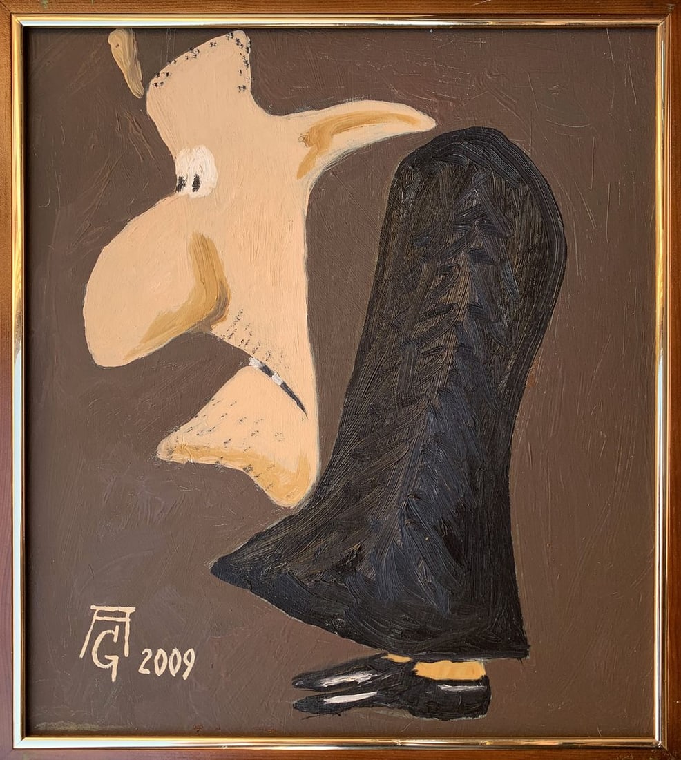 Oil painting Black suits you Oleksandr Gukalov: №AAA3236 "Black suits you" is an intriguing oil painting that combines elements of abstraction and minimalism to create a thought-provoking image. The artwork features a stylized human figure, p