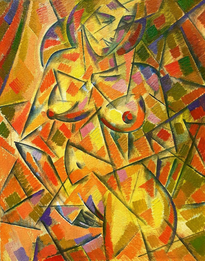 Abstract oil painting Away city Peter Tovpev: ?Dobr 832 This oil painting features a naked girl in an abstract style, showcasing an intriguing and expressive piece of art. The figure of the girl is depicted in a naturalistic manner, with her body