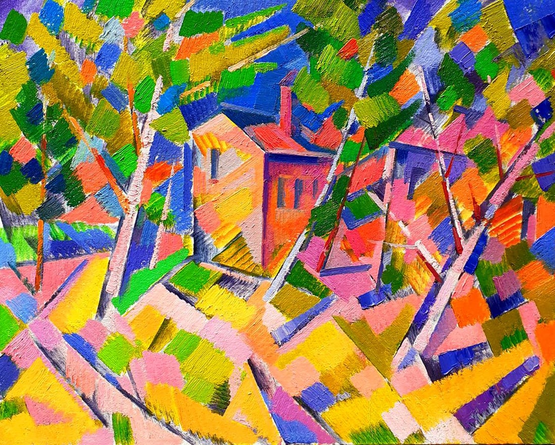 Abstract oil painting Houses in the forest Peter Tovpev (1 of 8)