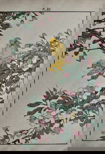 Imao Keinen: Canaries on an Apple Branch: Artist: Imao KEINEN (1845-1923) Subject: Canaries on an Apple branch Series: Keinen Kacho Gafu, vol 1, Spring Publisher: Tanaka Jihei Signature: Keinen gafu in left margin Date: 1891 Format: ôban
