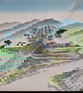 Tokuriki: House of Potter Rokubei: Artist: Tomikichirô TOKURIKI (1902-1999) Subject: House of the Potter Rokubei Series: Kyoraku Sanjû Dai (Thirty Views of Kyoto) Publisher: Uchida Bijutsu Shoshi Signature: Tomi Date: 1936 Fo