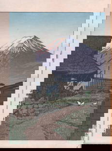 Kawase Hasui (1883 - 1957): Mt Fuji From Funatsu: Artist/Title: Kawase Hasui (1883 - 1957): Mt Fuji From Funatsu Date: Reproduction Medium: Woodblock Print Size/Format: The print image measures 5 1/2 X 7 5/8 inches plus margins Condition: The print i
