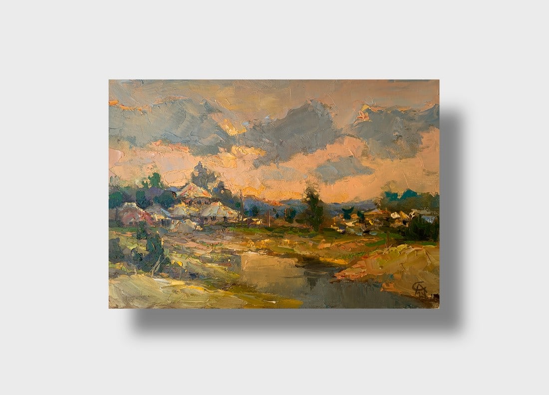 Oil painting sunset on a hike Sergey Ivanovich Animov: 377DDD Painter: Sergey Ivanovich Animov S?ze: 26x39 cm/10.23x15.35 inches Components: canvas, oil Original painting from our collection ERA: modern About the artist: Serhiy Ivanovych was born on May 1