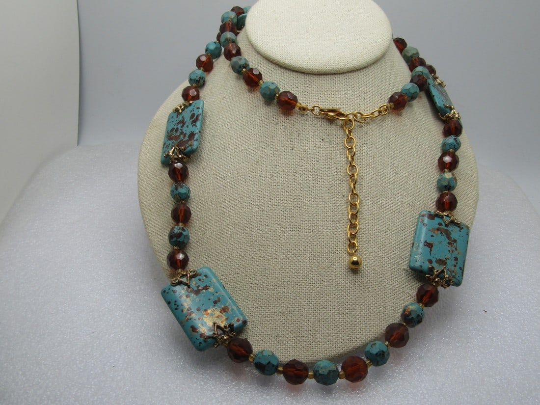 Vintage Joan River's Faux Turquoise & Topaz Necklace, 37", Original Box, 1990's: Vintage Joan River's Faux Turquoise & Topaz Necklace, 37", Original Box. Large rectangular 1.25" by 1" faux turquoise beads with crown-like end caps with faceted matching faux turquoise round beads wi