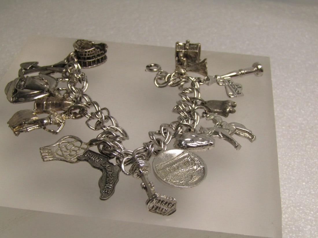 Vintage 15 Charm Bracelet, 7", Mixed Sterling & Silver Tone.  1960's-1970's (1 of 8)