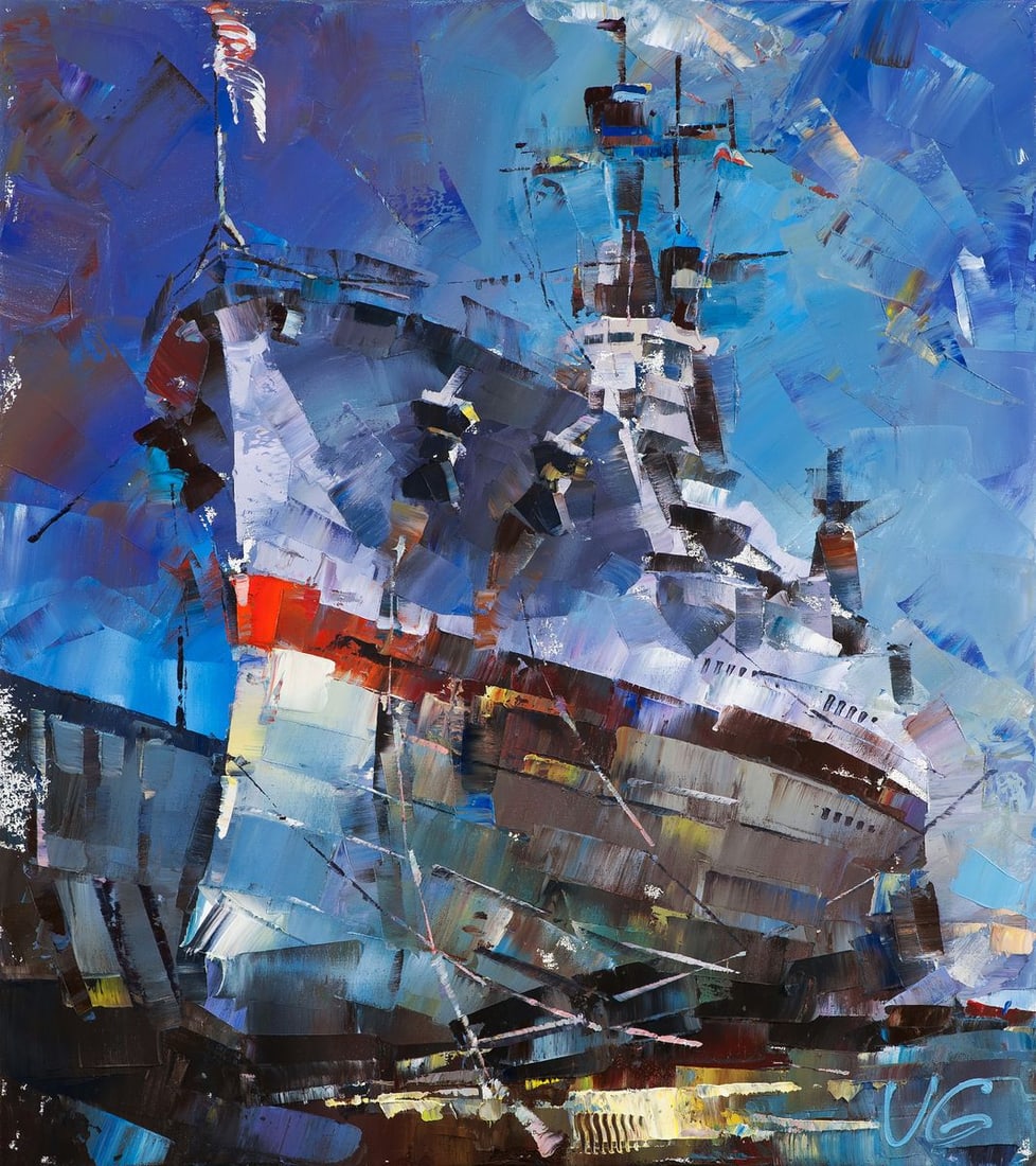 Oil painting USS TEXAS BB-35 in dry dock at Norfolk Volodymyr Gluhomanyuk: 48GLUX Painter: Volodymyr Gluhomanyuk Size: 90x80 cm/35.43x31.49 inches Components: oil, canvas Original painting CONDITION: excellent ARTIST: Volodymyr Gluhomanyuk I was born in 1964, in Kyiv. I live