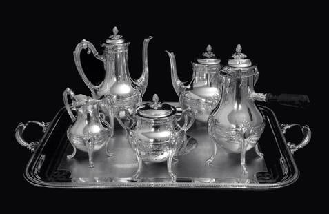DOUTRE-ROUSSEL 6pc. FRENCH 950 STERLING SILVER TEA SET + CHRISTOFLE TRAY 1890s: Title: DOUTRE-ROUSSEL 6pc. FRENCH 950 STERLING SILVER TEA SET + CHRISTOFLE TRAY 1890s Description:Direct from Paris, A Stunning Louis XVI 6pc. Sterling Silver Tea / Coffee Set in Near New Condition by