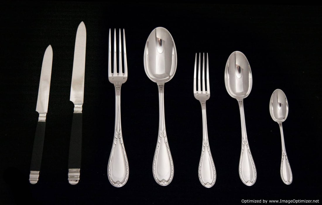 LAPPARRA FRENCH ANTIQUE STERLING SILVER FLATWARE SET, 111pcs. (SERVICE FOR 18), LOUIS XVI, CHEST,: Title: LAPPARRA FRENCH ANTIQUE STERLING SILVER FLATWARE SET, 111pcs. (SERVICE FOR 18), LOUIS XVI, CHEST, 1890s. Description:Another Magnificent Sterling Silver Flatware Set by Internationally Known Fr