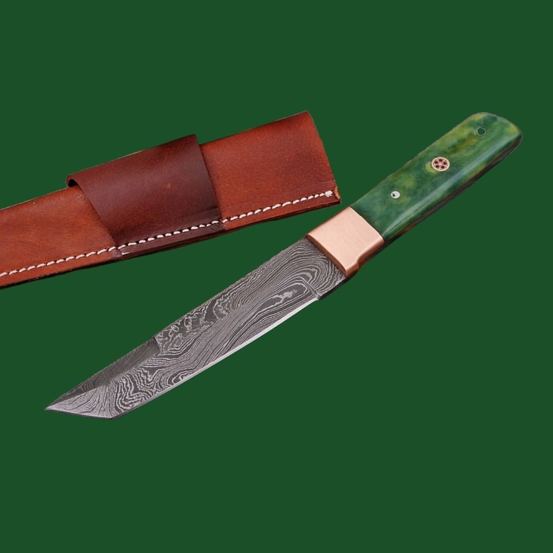 Damascus Steel Knife Green Bone Handle Leather: Title: Damascus Steel Knife Green Bone Handle Leather Description:This Damascus steel tanto knife boasts a striking layered blade with a sharp, reinforced tip for precision piercing. The polished gree