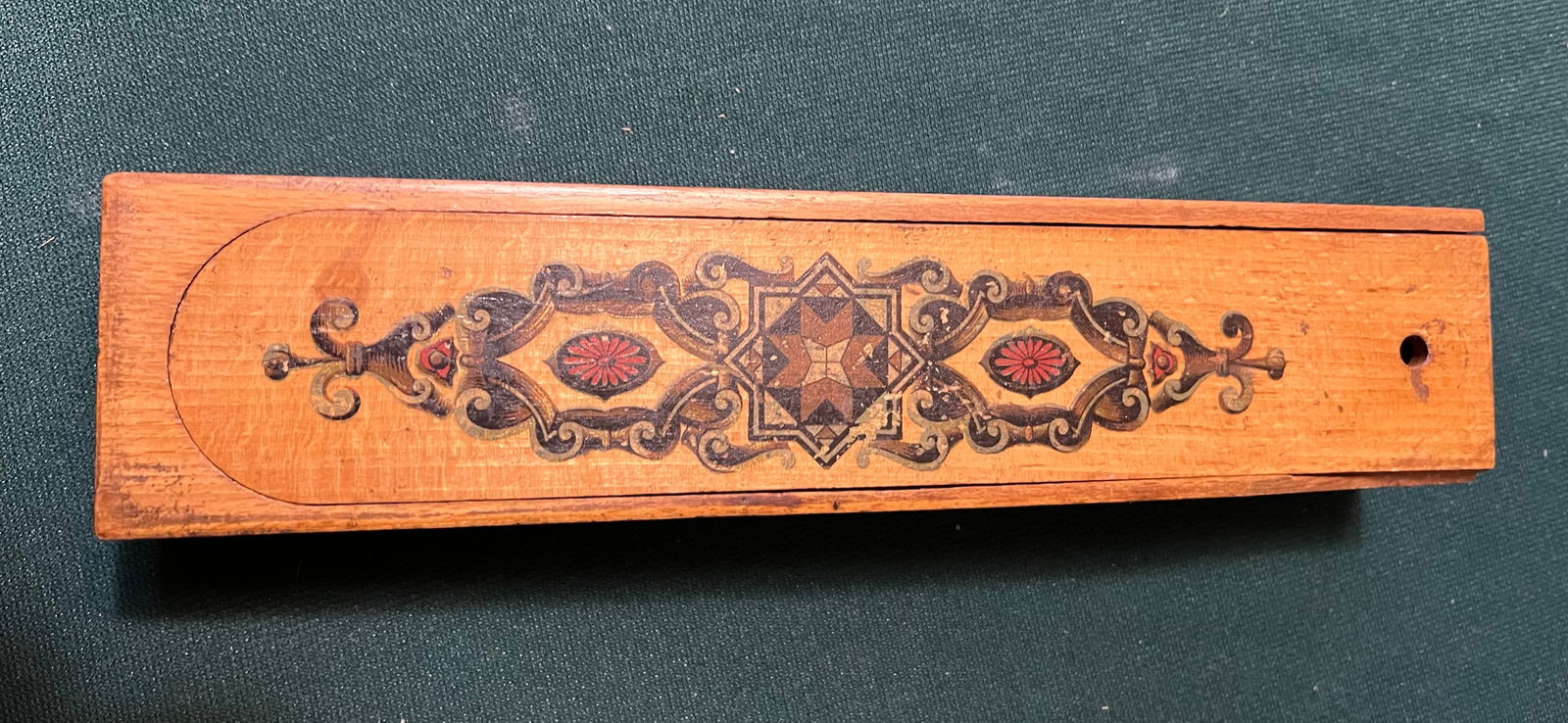 Early 20thc Pull Back Decorative Lid Wooden Pencil Box (1 of 10)