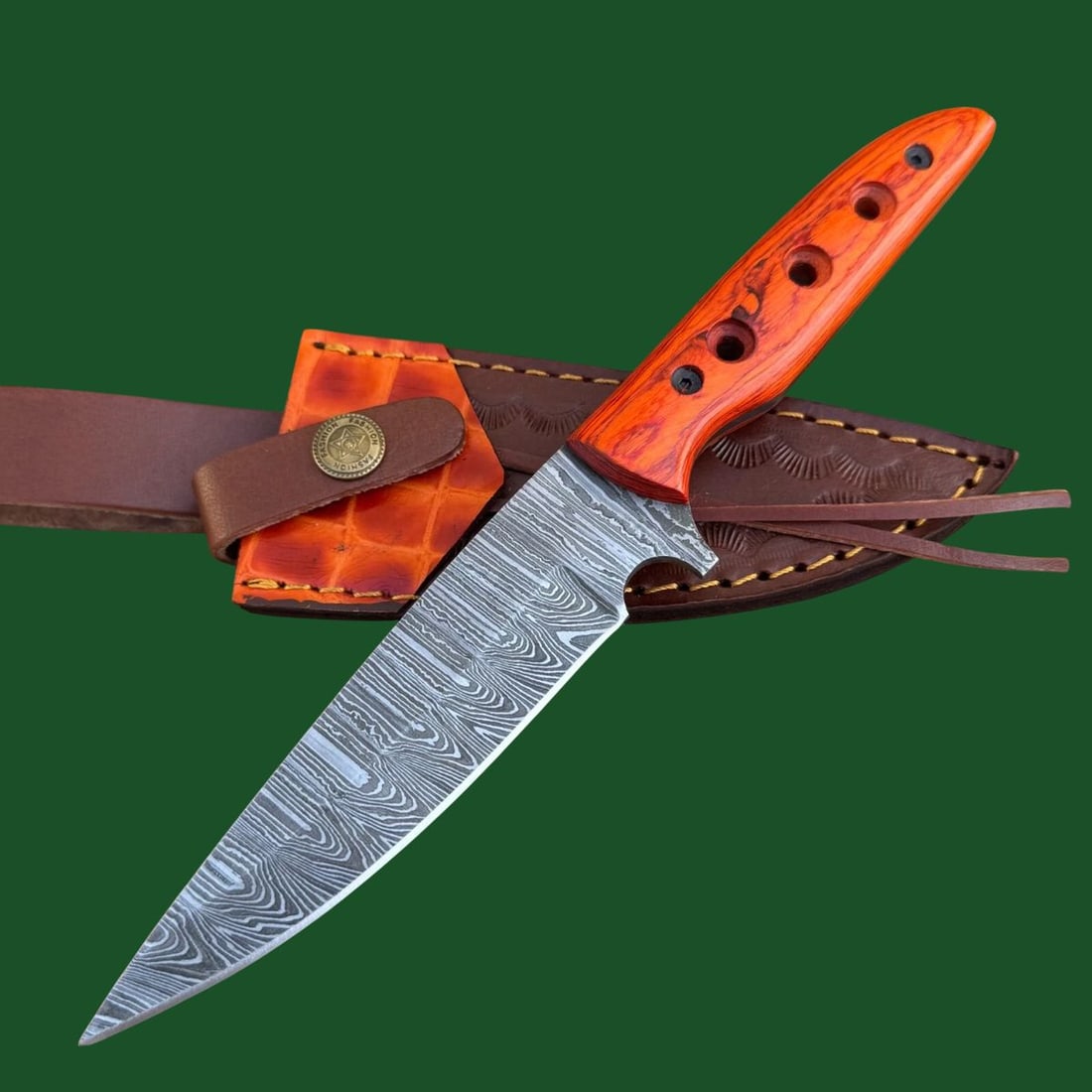 Custom Damascus Steel Knife Carved Wood Handle (1 of 4)