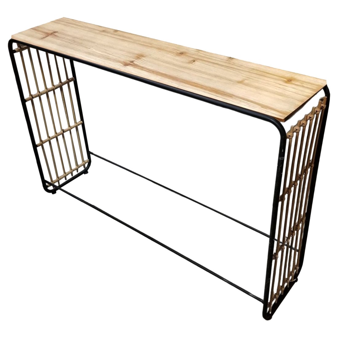 Restored Blonde Wood and Reed Rattan Waterfall Console Table: Elevate your space with this small console or entryway table, featuring a sleek blonde wood top, steel sides, and reed rattan weaving. Its unique waterfall shape combines modern and natural elements,