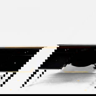French Hollywood Regency Style Ebony Lacquer Executive Desk / Writing Table: Description: French Hollywood Regency Style Ebony Lacquer Executive Desk / Writing Table A spectacular Executive Desk that can sit Center of any room or office. The finest ebony finish having