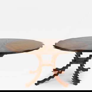 Split C-Leg Rustic Dining Table, Two Large Leaves, Brass Inlays: Description: Split C-Leg Rustic Dining Table, Conference Table, Center Table, Two Large 22" Leaves, Brass Inlays A stunning circular yew wood Dining or Center table with brass star shaped inlays in