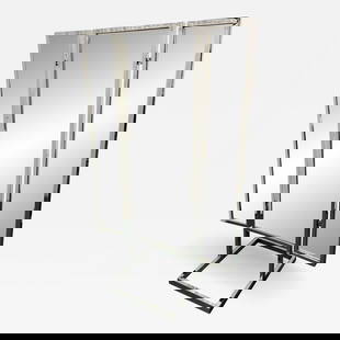 A Mid Century Modern Trifold Cheval Mirror, Steel and Chrome Framed, Reversable: Description: A Mid Century Modern Trifold Cheval Mirror, Steel and Chrome Framed, Reversable A Standing Tri fold Mirror that is finished on all sides making this rare and highly functional mirror capa