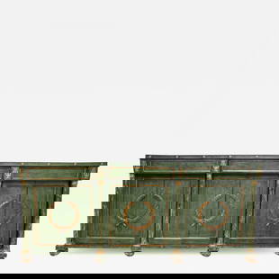 Monumental Italian Neoclassical Style Paint Decorated Marble-Top Console: Description: Italian neoclassical style paint decorated bronze mount marble-top console. Monumental and fabulously made and detailed, marble columns leading to brass ring tops and bottoms leading to g