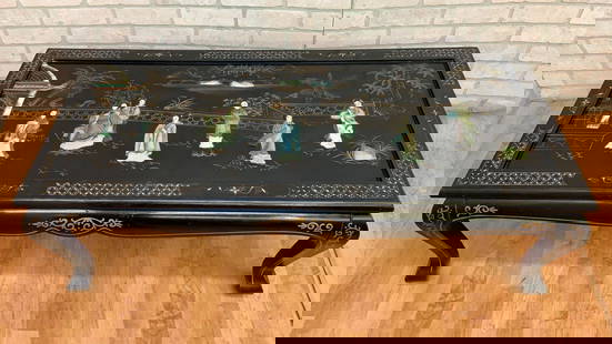 Mid Century Modern Black Lacquer Chinoiserie Coffee Table with Mother Of Pearl Inlays: Vintage from before 2000 Vintage Mid Century Modern Black Lacquer Chinoiserie Coffee Table with Mother Of Pearl Inlays A mid century modern chinoiserie, black lacquer and partly exposed wood coffee ta