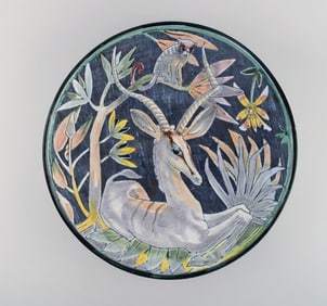 Tilgmans, Sweden. Large unique circular bowl / dish in glazed ceramics with antelope and monkey.
