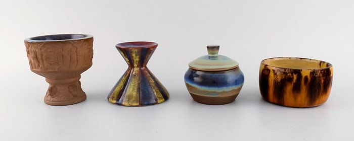 Michael Andersen, Denmark. Two bowls, candlestick and lidded jar in glazed ceramics. 1950s.