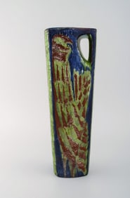 Michael Andersen, Denmark. Large jug in glazed ceramics with birds. Beautiful crackled glaze.